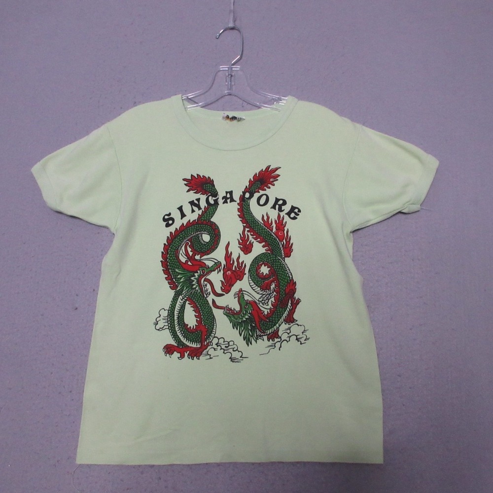 Vintage Golden Wheel Souvenir‎ Shirt 34 Green Singapore Dragon Ying Yang 60s 70s